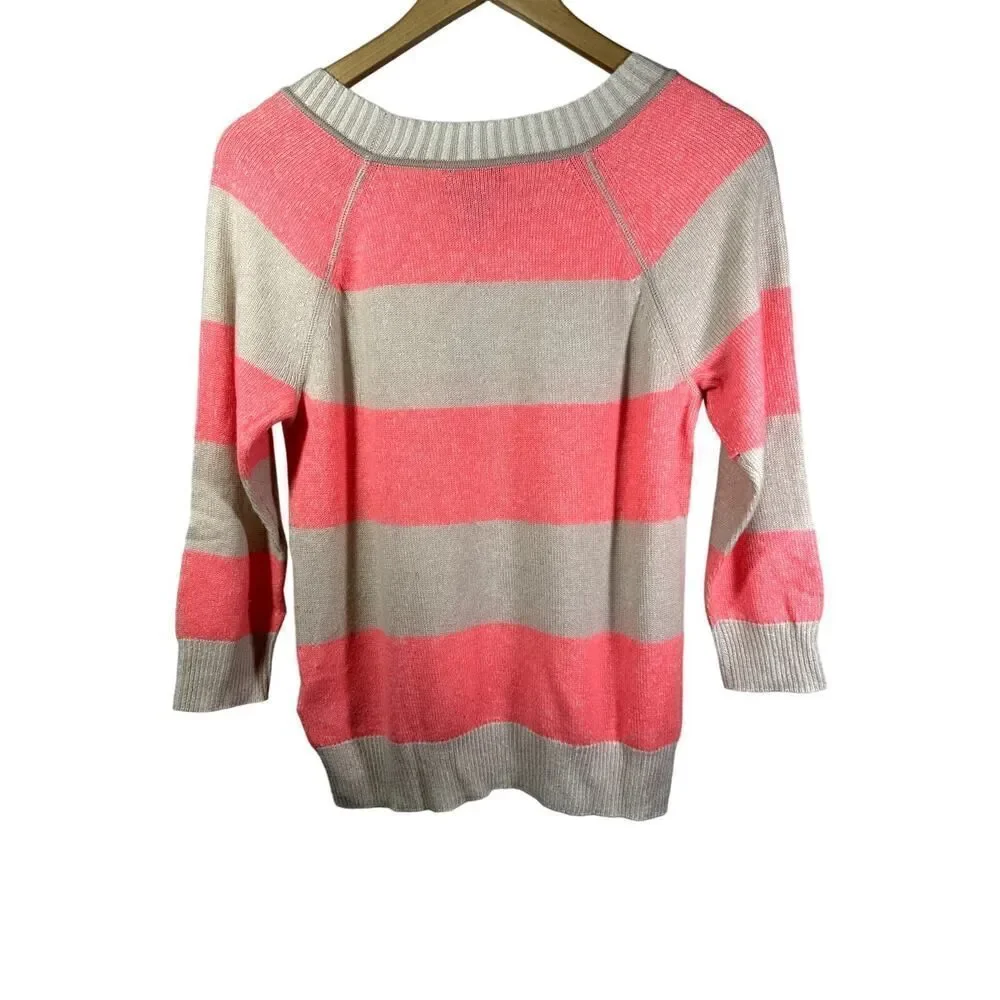 J. CREW Women's Striped 3/4 Sleeve Cashmere Sweater Coral/Cream Size Small